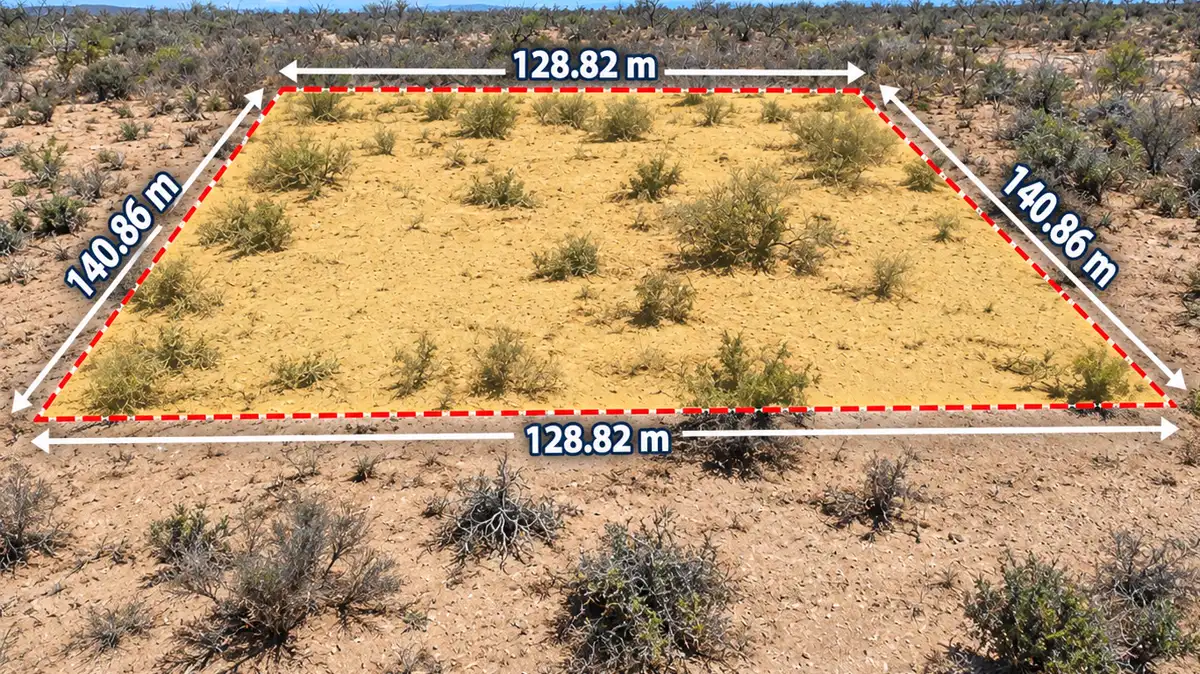Terreno amplio de matorral desértico en el Ejido El Pilar, delimitado con medidas de 128.82 por 140.86 metros